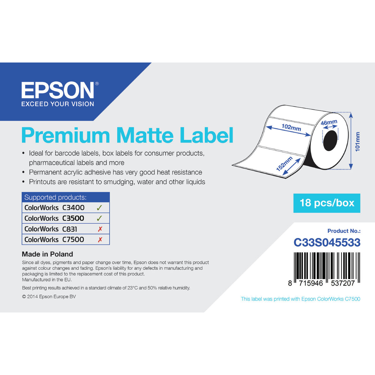 Printerlabels Epson C33S045533 Wit